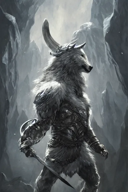 Image similar to Anthropomorphic Viking Silver Wolf, magic the gathering artwork, D&D, fantasy, cinematic lighting, centered, symmetrical, highly detailed, digital painting, artstation, concept art, smooth, sharp focus, illustration, volumetric lighting, epic Composition, 8k, art by Akihiko Yoshida and Greg Rutkowski and Craig Mullins, heroic pose, oil painting, cgsociety