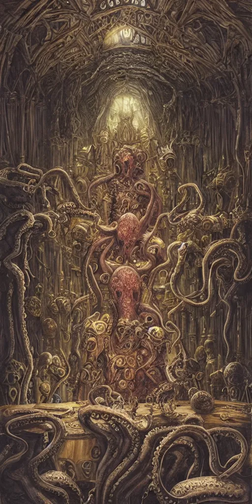 Image similar to mages with human bodies and magical armour with octopus heads sitting near the table in an ancient mage castle with enormous scale, gothic and baroque, brutalist architecture, ultradetailed, Intricate by John Howe and Josan Gonzalez and Giuseppe Arcimboldo