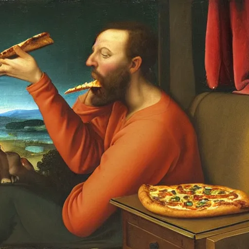 Image similar to a renaissance painting of a man eating pizza on the couch in his pajamas