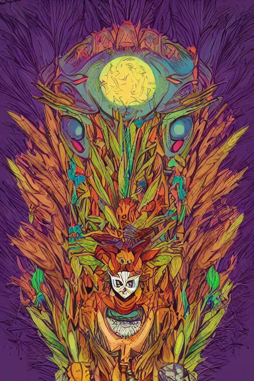 Image similar to animal mask totem roots flower tribal feather gemstone plant wood rock shaman vodoo video game vector cutout illustration vivid multicolor borderlands comics by josan gonzales and dan mumford radiating a glowing aura