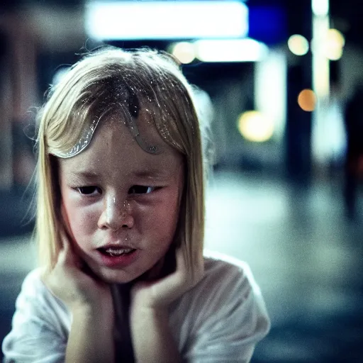 Prompt: cinestill 5 0 d candid photographic portrait by christopher nolan of a young blond child crying with a computer, modern cyberpunk moody emotional cinematic, pouring rain menacing lights shadows, 8 k, hd, high resolution, 3 5 mm, f / 3 2, ultra realistic faces, ex machina