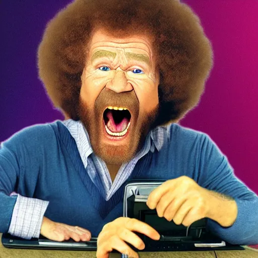 Image similar to angry bob ross screaming at laptop