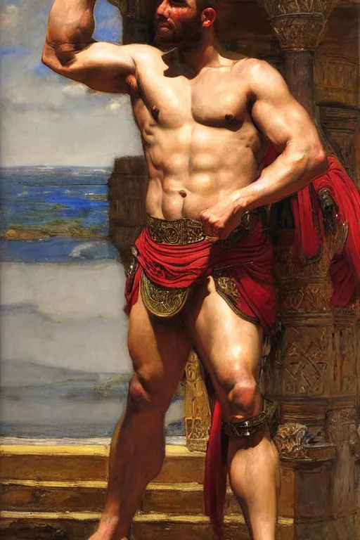 Image similar to muscular gladiator, orientalist intricate portrait by john william waterhouse and edwin longsden long and theodore ralli and nasreddine dinet, hyper realism, dramatic lighting