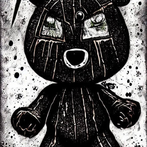 Prompt: dark art grunge drawing of a teddy bear with bloody eyes by - invader zim, loony toons style, horror theme, detailed, elegant, intricate