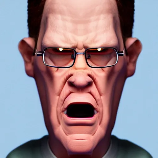 Image similar to hyper realistic, beautiful moody lighting, extreme emotions, caricature, soft, portrait of a very angry Hank Hill, 3d depth