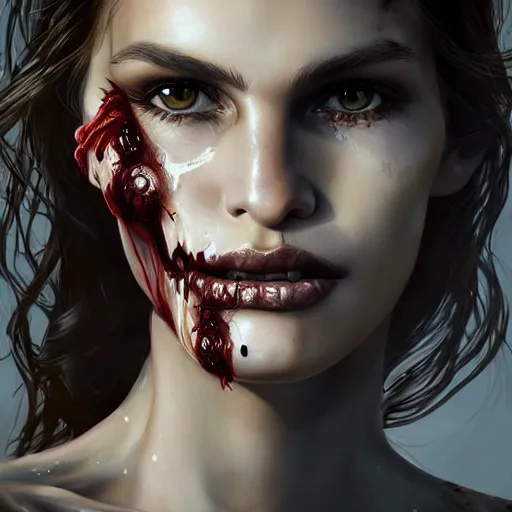 Prompt: portrait of young cindy crawford as a zombie with cuts on face, 7 days to die zombie, fine art, award winning, intricate, elegant, sharp focus, cinematic lighting, highly detailed, digital painting, 8 k concept art, art by guweiz and z. w. gu, masterpiece, trending on artstation, 8 k