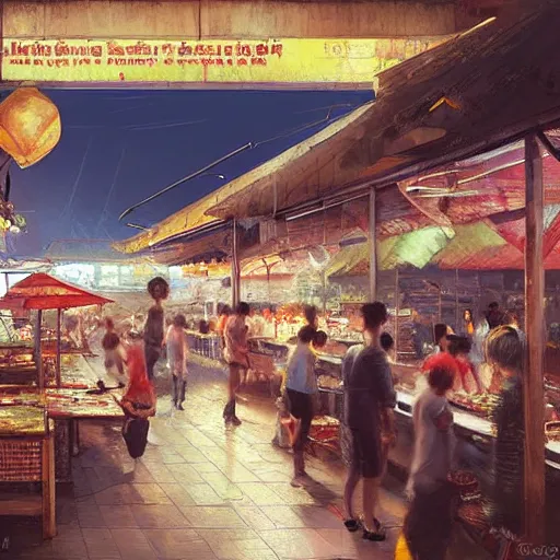 Image similar to a singaporean hawker centre at night, by greg rutkowski, digital art, award - winning