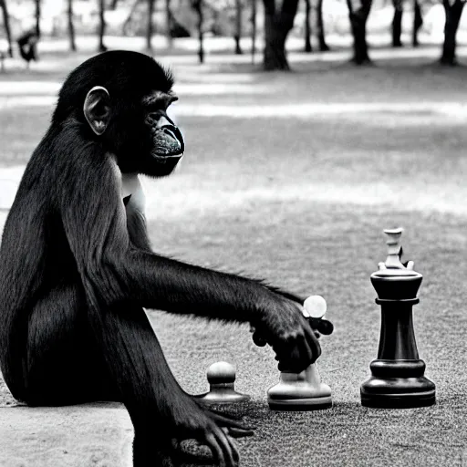 Prompt: black and white portrait photo of a monkey playing chess in a park by annie liebovitz,