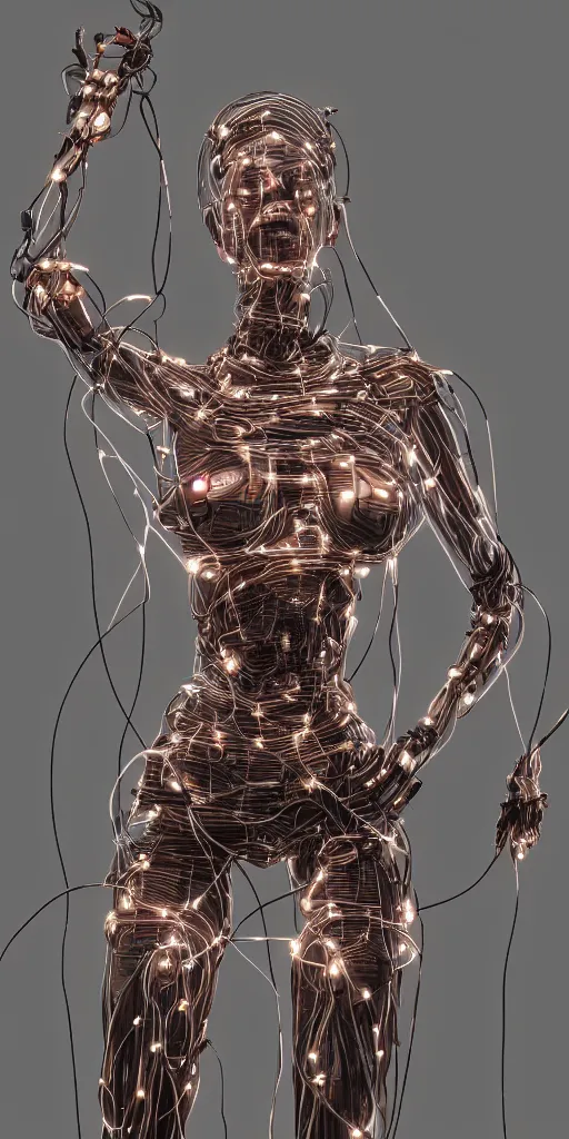 Prompt: beauty woman made of wires and cables, dramatic lighting, very detailed, electrical details, high details, 4k, 8k, trending on artstation, by Hajime Sorayama and Paolo Eleuteri Serpieri