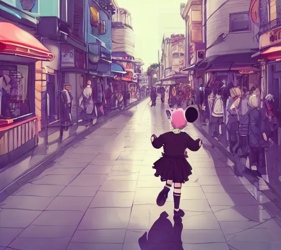 Prompt: a cute boy wearing a lolita dress, he is walking in a busy street, anime art, hd, smooth