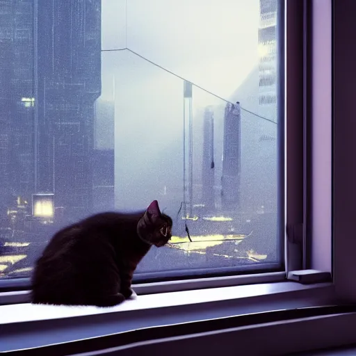 Image similar to Big european shorthair cat and small fluffy kitten from the back in the apartment room looking to window in a cyberpunk city, soft god rays from city lights outside the window, unreal engine 5, soft neon atmosphere, photorealistic, soothing colors, somber melancholic matte painting, hyperrealism, hyperrealistic, cinematic masterpiece, cyberpunk style 8k ultrahd octane render