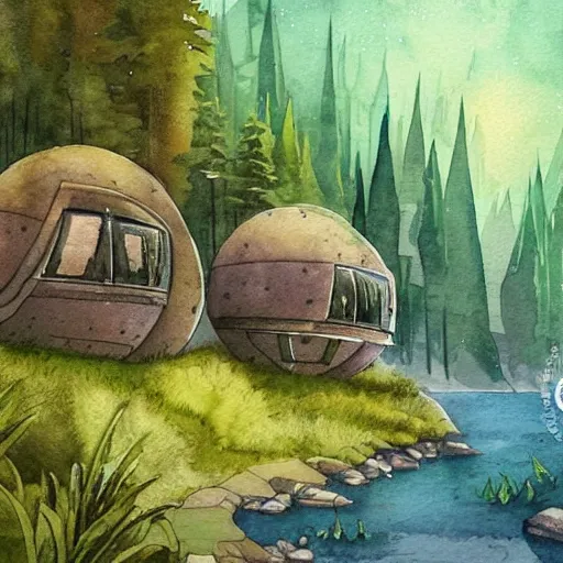 Image similar to beautiful happy picturesque charming organic sci - fi pod homes in a beautiful natural scene. water, trees and rocks. beautiful light. grainy and rough. soft colour scheme. beautiful artistic detailed watercolor by lurid. ( 2 0 2 2 )