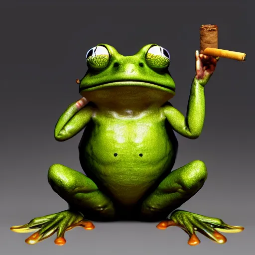 Image similar to a high quality photo of an antropomorphic frog wearing a suit smoking a cigar, 3d scene, render, ultra realistic, artstation, cgsociety