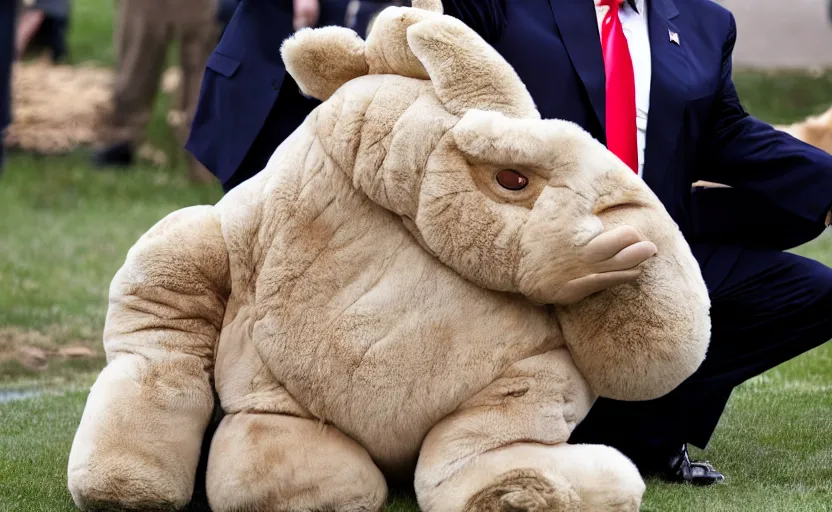 Image similar to Donald Trump in a baby mammoth costume , with an open face