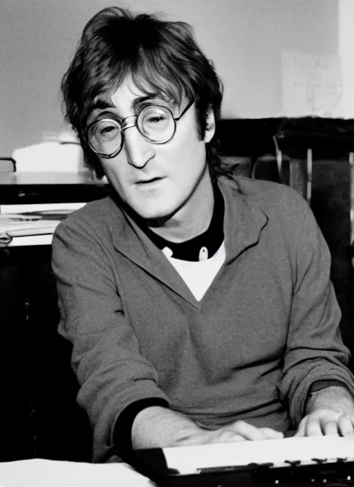 Image similar to john lennon sitting a desk typing on a laptop computer, black and white photo, real, photorealistic