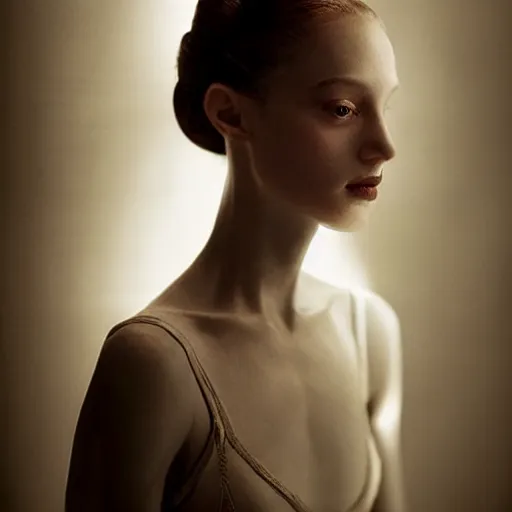 Prompt: portrait of a ballerina with a beautiful porcelain face, cinematic light and reflections, beautiful dreamy lighting, photographed by annie leibovitz,