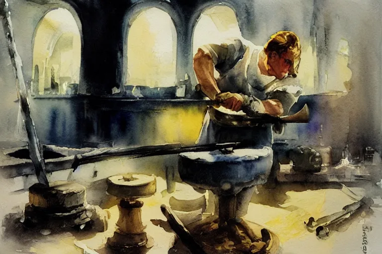 Image similar to centered on watercolor paper, paint brush strokes, smudged abstract watercolor painting of medieval blacksmith with apron, anvil, hammer, glow, forging a sword, cinematic light, national romanticism by hans dahl, by jesper ejsing, by anders zorn, by greg rutkowski, by greg manchess, by tyler edlin