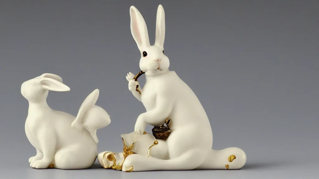 Prompt: a porcelain rabbit statue with a japanese kiseru pipe painted by john singer sargent