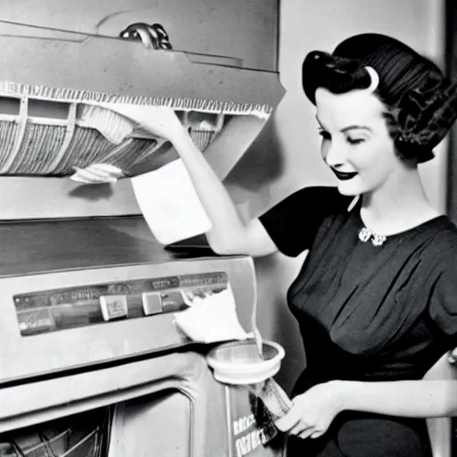 Image similar to a vintage photograph of a 1 9 5 0 s house wife washing dollar bills with detergent