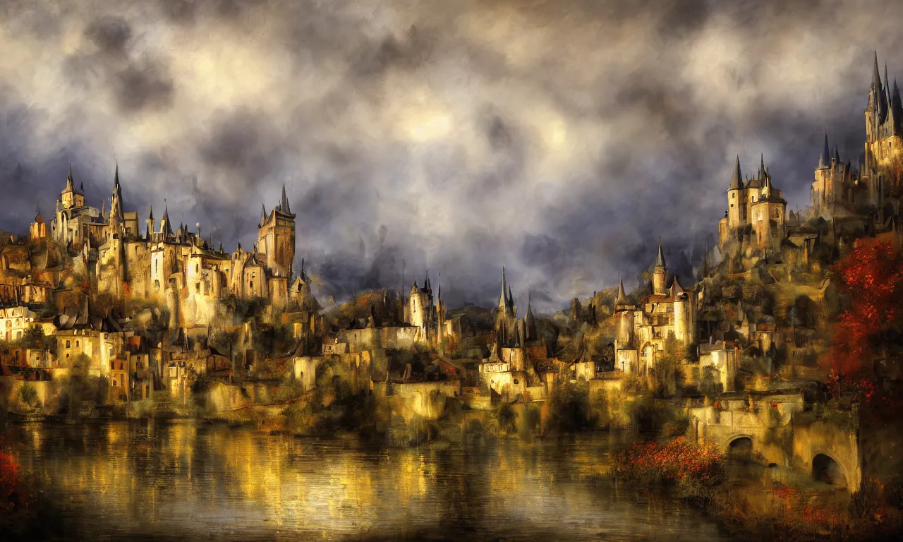 Prompt: breathtaking oil painting of a medieval city landscape in luxurious nature, with moody dark tumultuous clouds, palette knife, at dawn with roses and golden petals flying, art nouveau castle, rembrandt style, concept art, matte, palette knife painting, by georgia hart and osnat fine art,
