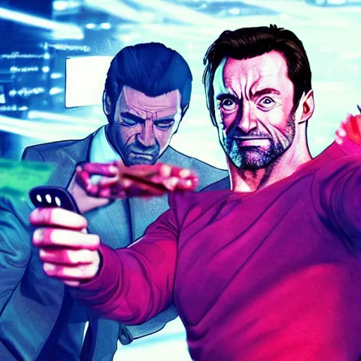 Prompt: action shot of hugh jackman at a GTA V dance club taking selfies with friends and a pile of cash in the background, 8K, highly detailed, photo realistic, high energy, artstation, by Stuart Ng