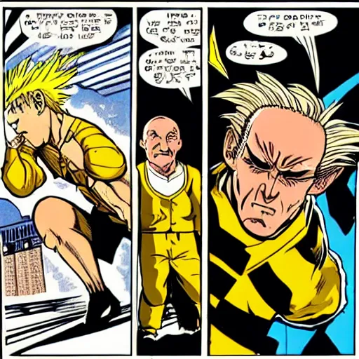 Image similar to johnny sins going super sayan in a fight against saul goodman, illustrated by alex toth