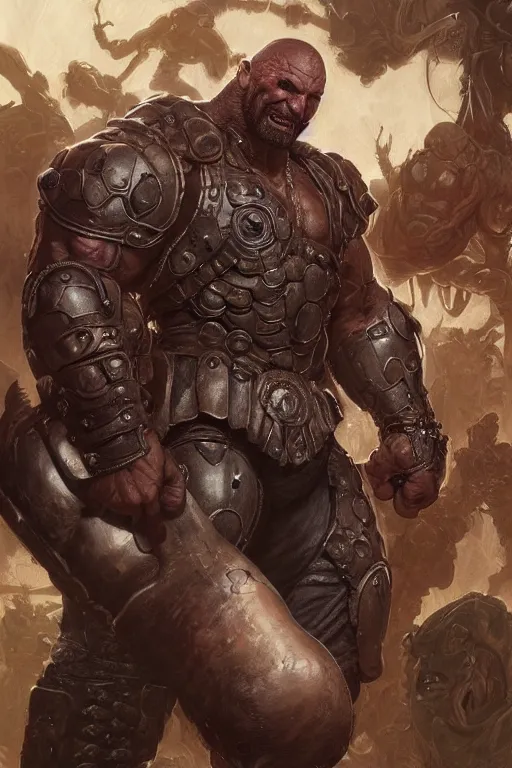 Image similar to ultra realistic illustration,, a hulking herculean dave bautista with leather armour, from doom and warhammer, intricate, elegant, highly detailed, digital painting, artstation, concept art, smooth, sharp focus, illustration, art by artgerm and greg rutkowski and alphonse mucha