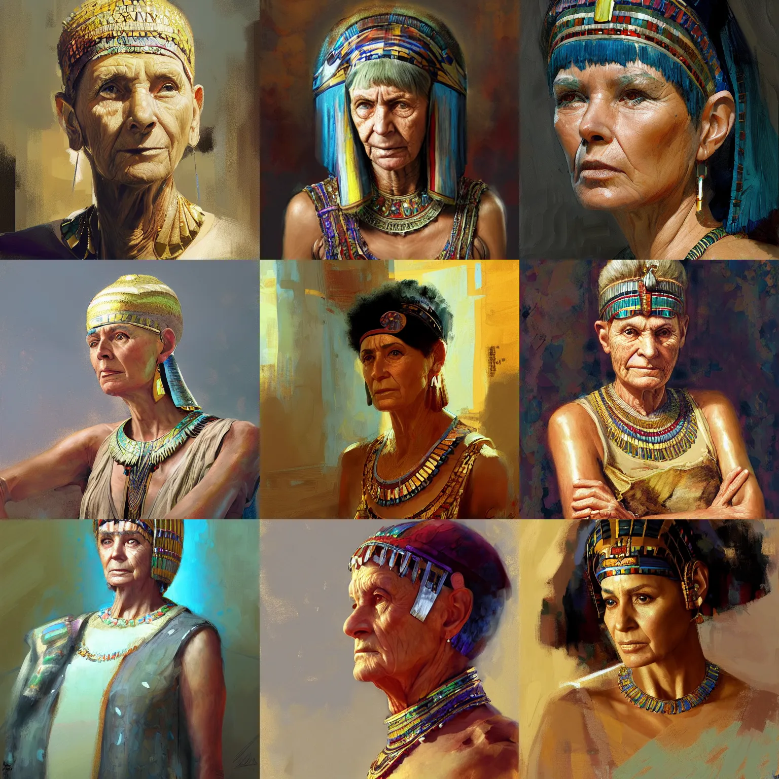 Prompt: a head shoulder portrait of an elderly, tired, beautiful Cleopatra, painting by Craig Mullins, by Moebius, by Mandy Jurgens,