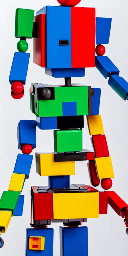 Image similar to A colorful boxy toy robot designed in a 1960s retro sci-fi style equipped with built in machine guns, studio photo white background