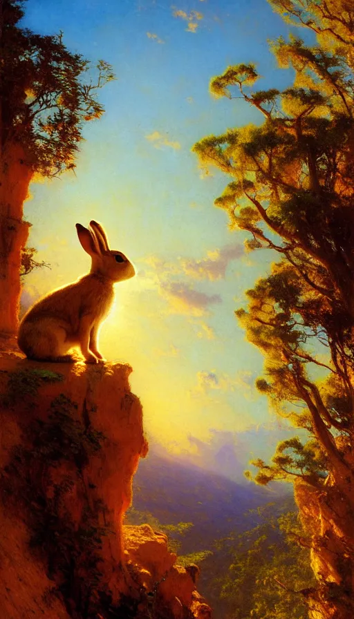 Prompt: hyper realistic rabbit looking off of a cliff, sun setting behind rabbit, lush forest in valley below, painted by gaston bussiere, craig mullins, j. c. leyendecker 8 k