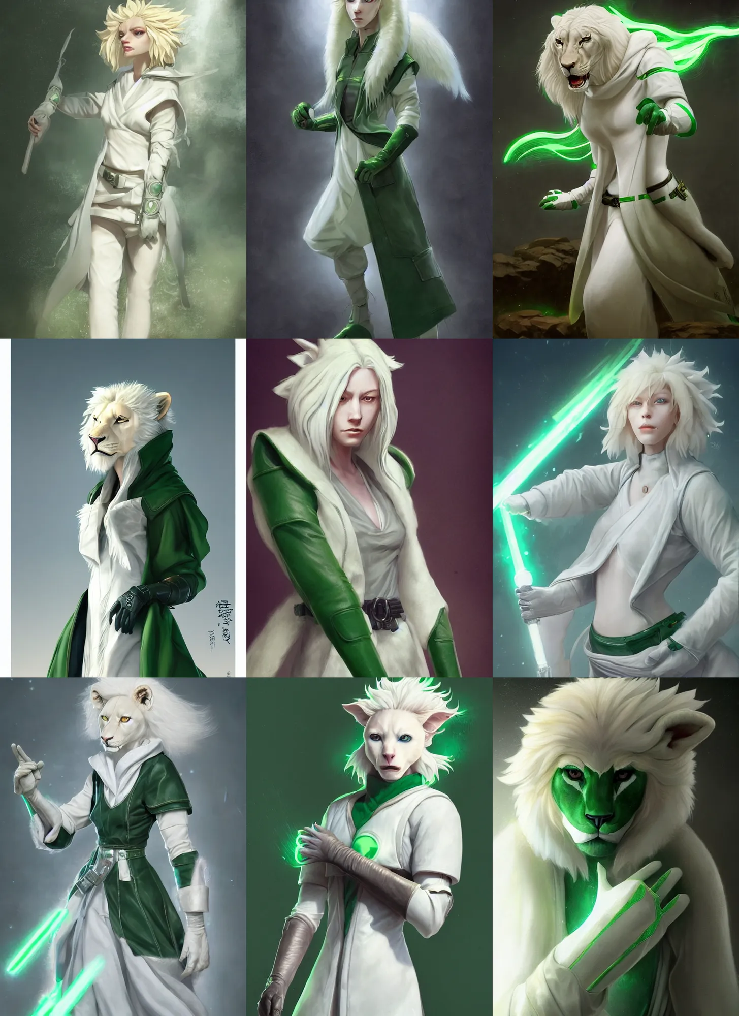 Prompt: beautiful portrait of a good female anthropomorphic albino lioness fursona wearing white and green jedi robes. leather gloves. leather boots. character design by charlie bowater, ross tran, artgerm, and makoto shinkai, detailed, soft lighting, rendered in octane