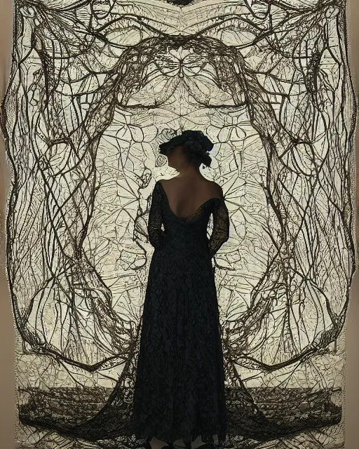 Image similar to a woman standing by the sea, made of intricate decorative lace leaf skeleton, in the style of the dutch masters and gregory crewdson, dark and moody