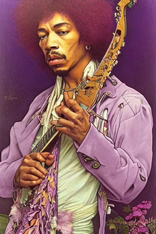 Prompt: A mesmerizing 8k hyperrealistic portrait of a purple jimi hendrix transforming into a purple haze, soft, sharp focus, detailed, art by Alphonse Mucha