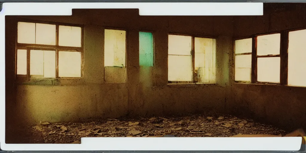 Prompt: analog polaroid of an abandoned laboratory, light through windows, color bleed