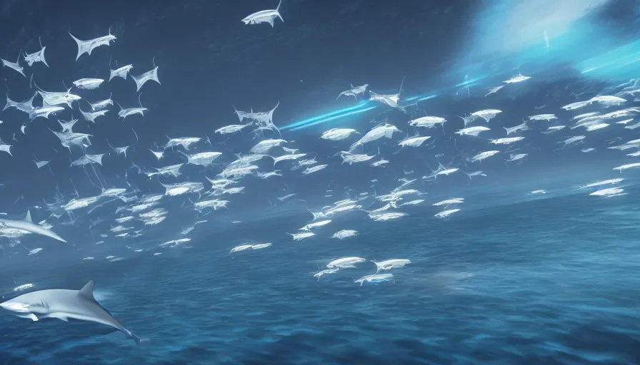 Image similar to highly futuristic school of fish flying through the sky towards an infinite shark god, unreal engine