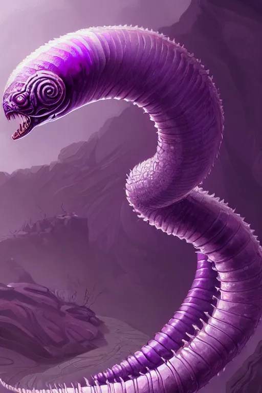 Image similar to giant purple worm is visible in the back, fantasy, intricate, elegant, highly detailed, digital painting, artstation, concept art, smooth, sharp focus, illustration, art by Jovan Delic