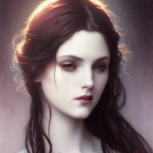 Image similar to Portrait of beautiful pale goth girl, cinematic lighting, intricate, elegant, highly detailed, digital painting, artstation, smooth, sharp focus, illustration, art by artgerm and greg rutkowski and alphonse mucha and Wayne Barlowe and william-adolphe bouguereau