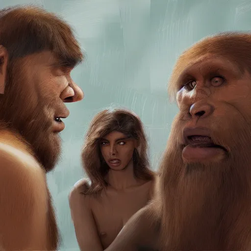 Image similar to Modern Humans conversing with Neanderthals, 8k, trending on artstation