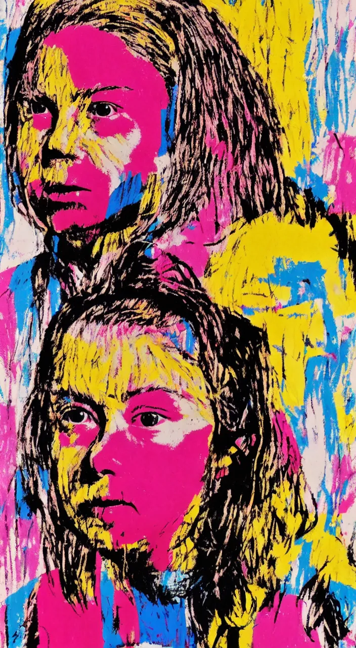 Prompt: portrait of greta thunberg. hommage to andy warhol and jean - michel basquiat by ai weiwei