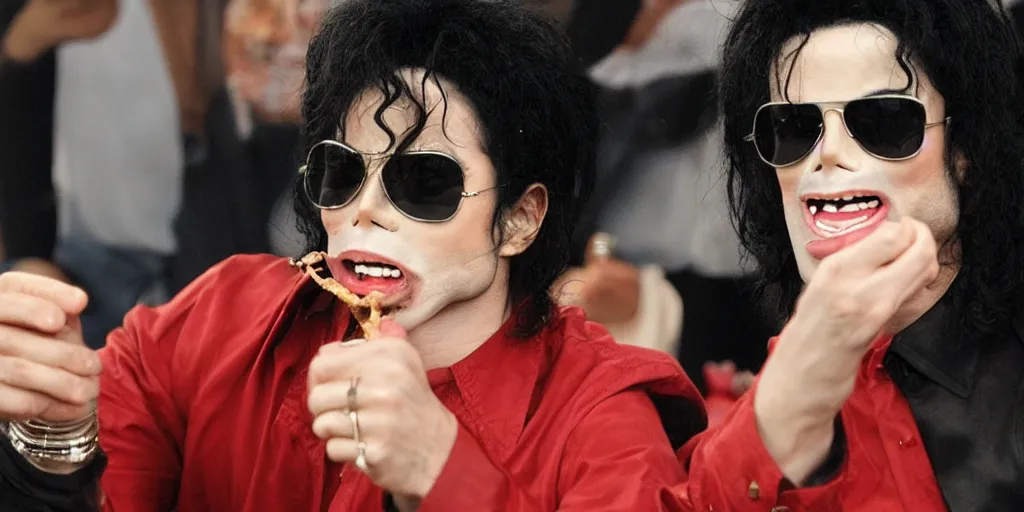 Image similar to michael jackson 2 0 0 9 wearing shades, this is it style, photo real, pores, motion blur, eating kfc on a sofa, by himself, real life, spotted, ultra realistic face, accurate, 4 k, movie still, uhd, sharp, detailed, cinematic, render, modern