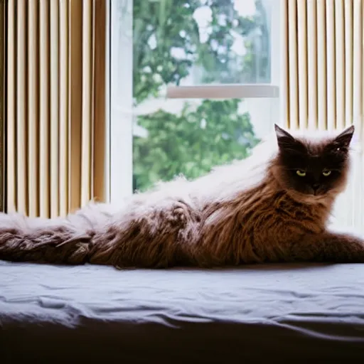 Image similar to An enormous fluffy cat laying on a bed that is barely big enough for it, stretching in the sunshine, soft color palette, sun rays, window blinds half shut