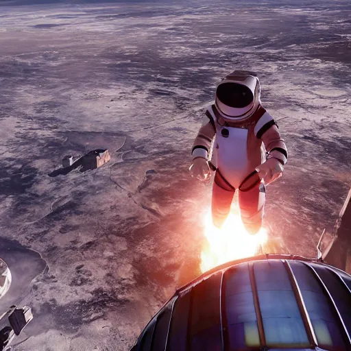 Prompt: A 16-year-old Chinese-Australian girl in an aging, dirty space suit, standing on top of a house-sized space vehicle in low-Earth orbit, a trail of garbage floating behind the ship, burning up in the atmosphere, Unreal Engine 5