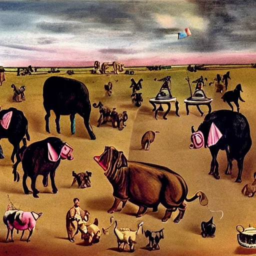 Prompt: all animals in the farm are hosting a birthday party for the king of pig by Salvador Dalí