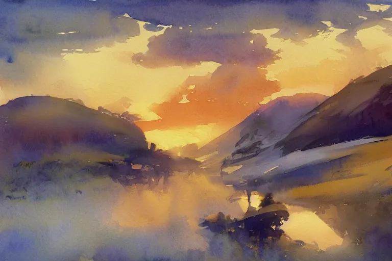 Image similar to small centered on watercolor paper, paint brush strokes, abstract watercolor painting of golden night over blueberry hills, cinematic light, american romanticism by hans dahl, by jesper ejsing, by anders zorn, by greg rutkowski, by greg manchess, by tyler edlin