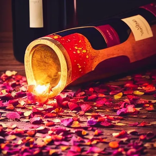 Image similar to beautiful wine bottle warmly lit covered artistically in scattered rose petals