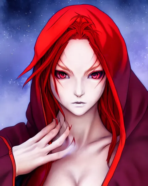 Prompt: portrait Anime sorceress with red hair; cloak with hood; she is summoning fire all around her; pretty face, realistic shaded Perfect face, fine details. Anime. realistic shaded lighting by Kim Jung Gi