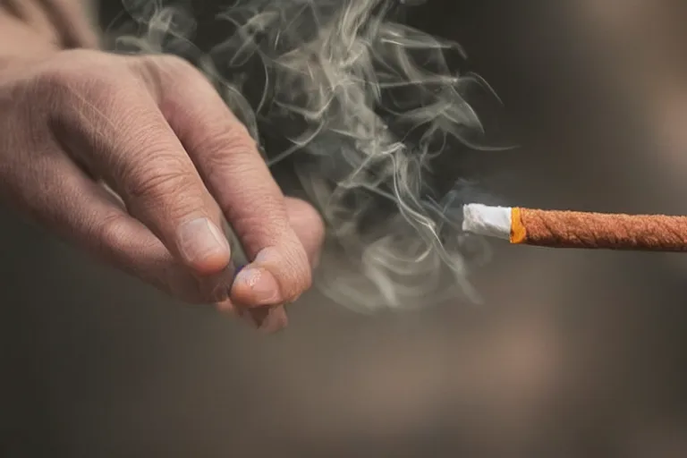 Image similar to Close-up of thin soft hand holding cigarette, with smoke, hand with five fingers, hyper realistic, high details, photo, super resolution