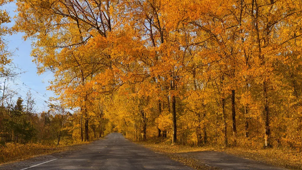 Image similar to a photograph of a country road lined on both sides by maple and poplar trees, in the autumn, red orange and yellow leaves, some leaves have fallen and are under the trees and on the road