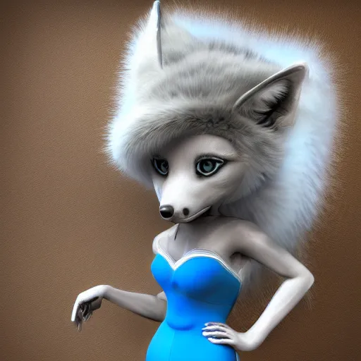 Image similar to 3 d render, well toned, large, female anthropomorphic wolf with wings, blue fur and scales with white spots and wings on her back, icey blue dress,.