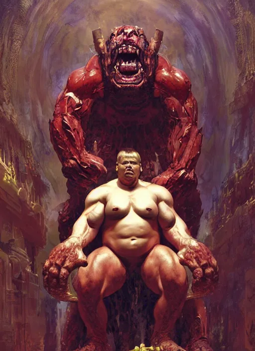 Image similar to huge hulking brute demon king wide shoulders, small evil head, vascular hands, muscular arms, wearing cape sitting on throne in science fiction hall, by sergey kolesov and lawrence alma tadema and norman rockwell and greg staples and craig mullins and john berkey and ruan jia, artstation creature art